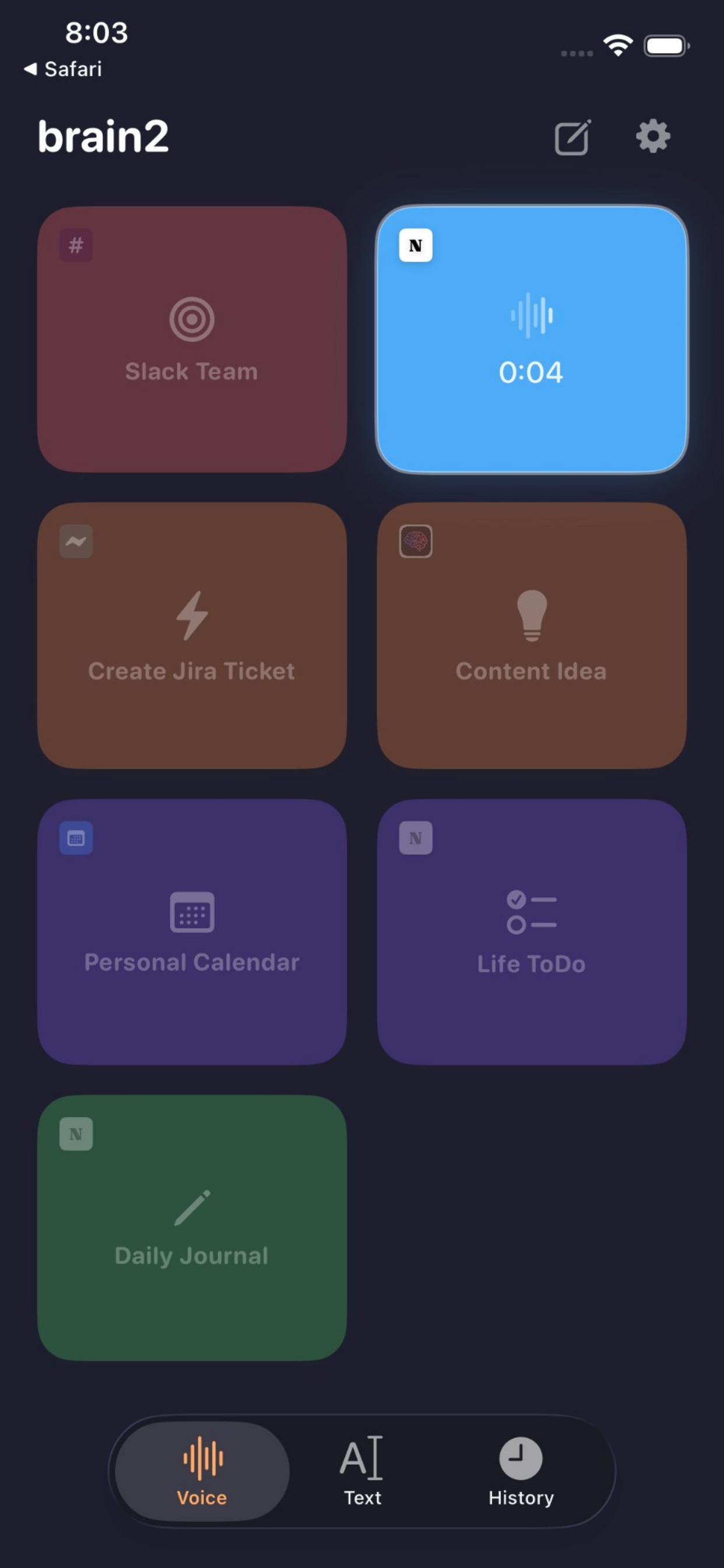 Brain2 capture buttons showing 8 custom voice capture destinations