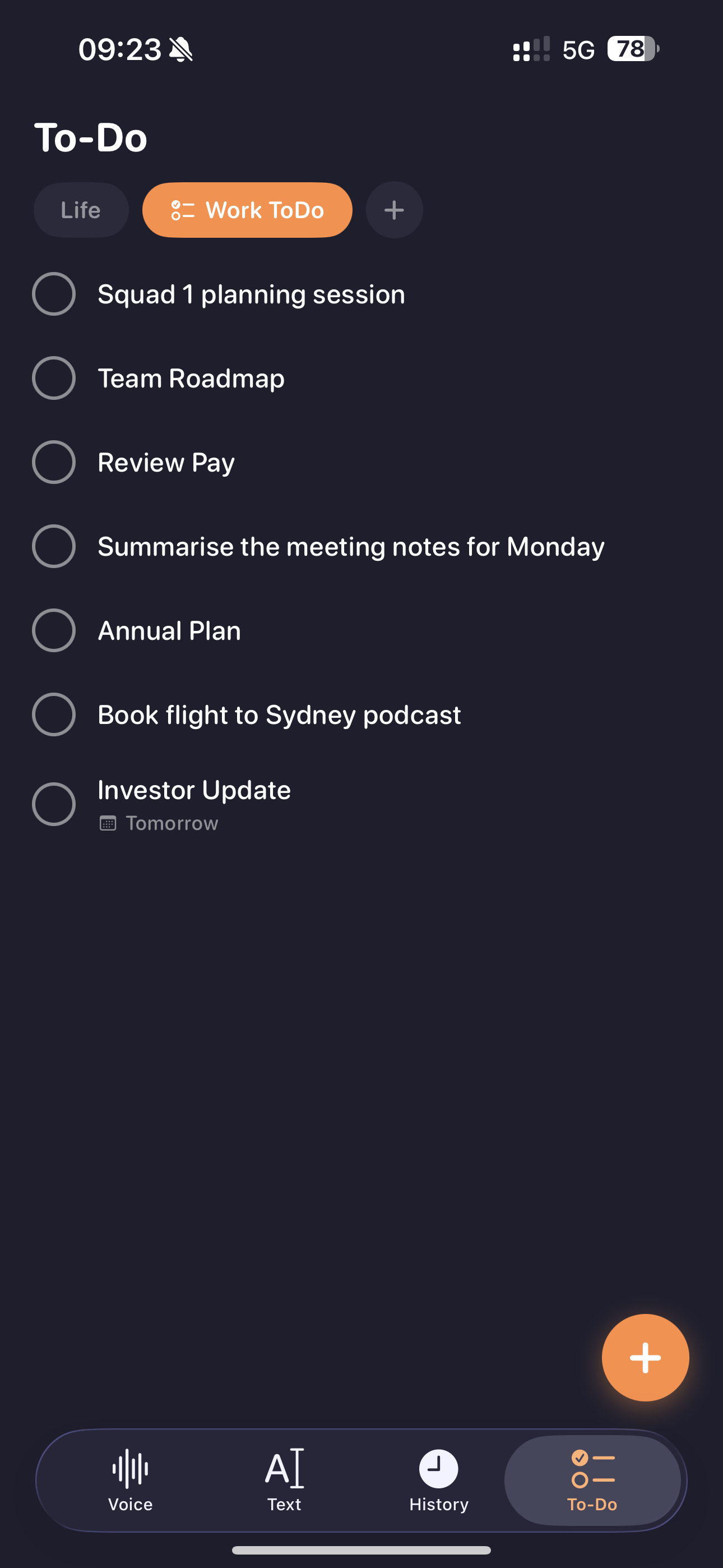 Brain2 todo list showing Work ToDo items synced from Notion